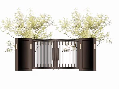Elegant Garden Landscape Entrance Featuring Black Metal Gate With Vertical Slats And Green Trees 3d model