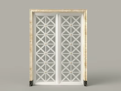 Elegant Double Doors With White Frame And Geometric Pattern Glass Beige Border Black Decorative Feet 3d model