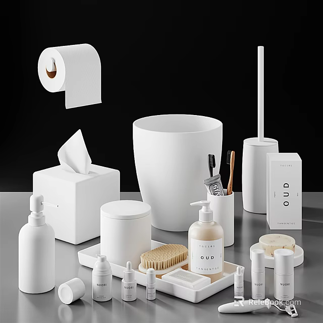 Minimalist White Bathroom Accessories Including Tissue Box Toilet Brush Soap Dispenser And Trash Can 3d model 