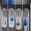 Modern Public Restroom With Blue Stall Doors Black Gender Symbols And White Walls