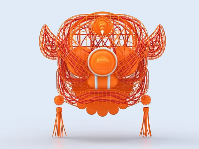 Traditional Orange Chinese Lion Head Decoration With Wire Frame And Tassels Design 3d model