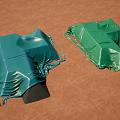 Green And Red Fabric Covered Building Components Placed On Brown Ground Surface 3d model