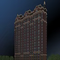 High Rise Residential Building with Classical Design Red Brick Exterior Large Windows Against Blue Sky