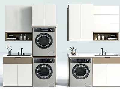 White Modern Bathroom Cabinet With Stackable Washing Machines Storage Countertop And Toiletries 3d model