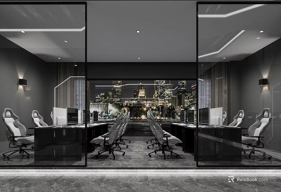 Modern Internet Cafe Interior With Comfortable Chairs Computers And City View Windows 3d model