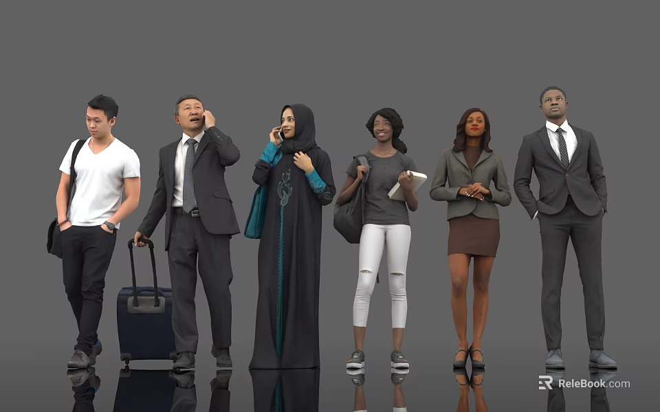 Group of Diverse People in Business and Casual Attires Carrying Luggage and Documents 3d model 