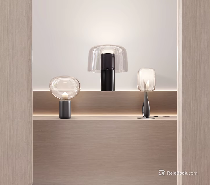 Modern Table Lamps on Light Colored Shelf with Transparent and Curved Shades 3d model 