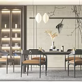 Modern Luxury Restaurant Interior With Chinese Feature Wall Pendant Lights Dining Table Chairs And Bookshelves