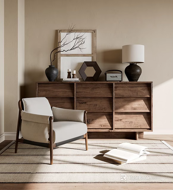 Wooden Entryway Cabinet Sideboard with Decorative Vase Lamp and Picture Frame in Modern Living Room 3d model 