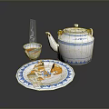 Blue And White Ceramic Tableware Set Including Teapot Teacup And Plate With Fruit Slices 3d model