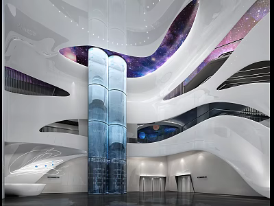 Modern White And Blue Front Desk Reception Area With Curved Structure And Starry Ceiling 3d model