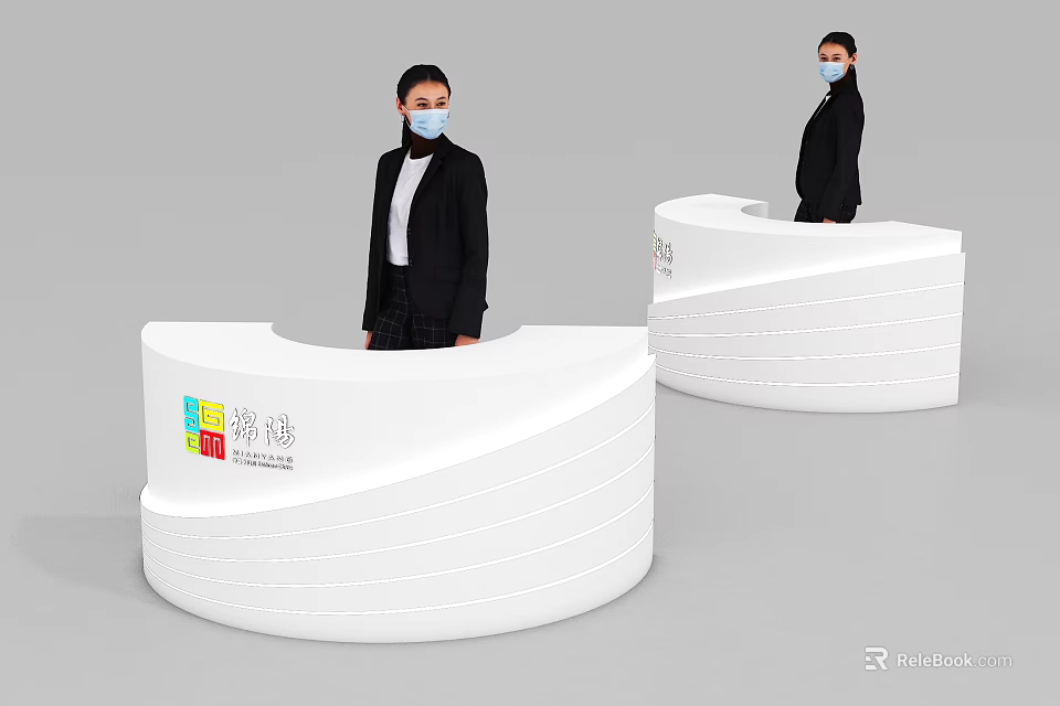 Modern White Curved Reception Desk With Staff In Black Suits And Colorful Logo 3d model 