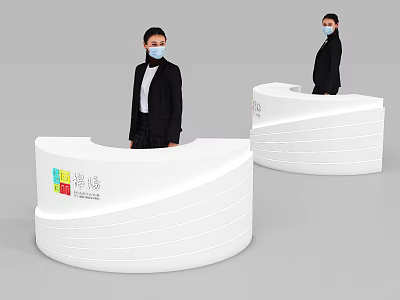 Modern White Curved Reception Desk With Staff In Black Suits And Colorful Logo 3d model