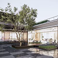 Modern Residential Landscape With Glass Facade Courtyard Water Pool Tree And Platform Seating