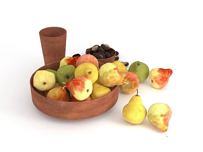 Fresh Pears and Mixed Fruits in Wooden Bowl with Ceramic Jar on White Background 3d model