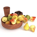 Fresh Pears and Mixed Fruits in Wooden Bowl with Ceramic Jar on White Background