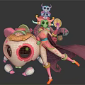Game Movie Character Design Featuring Pink Skull and Female in Pink Outfit with Golden Item