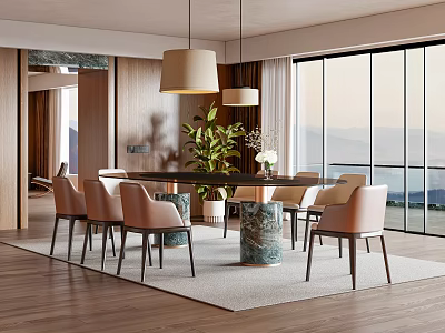 Modern Restaurant Dining Area With Hanging Lamps Wooden Table Chairs Potted Plant And Mountain View 3d model