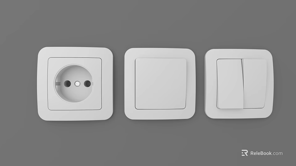 White Electrical Switches And Outlets Mounted On Grey Wall Surface 3d model 