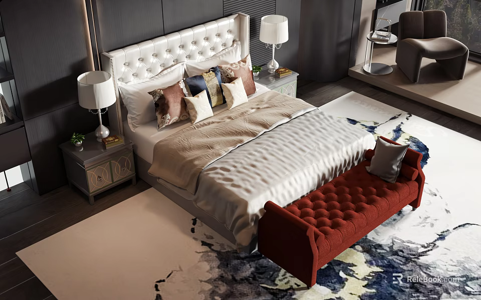 Double Bed with Upholstered Headboard Pillows Side Tables Lamps Red Tufted Bench and Patterned Rug 3d model 