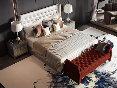 Double Bed with Upholstered Headboard Pillows Side Tables Lamps Red Tufted Bench and Patterned Rug 3d model