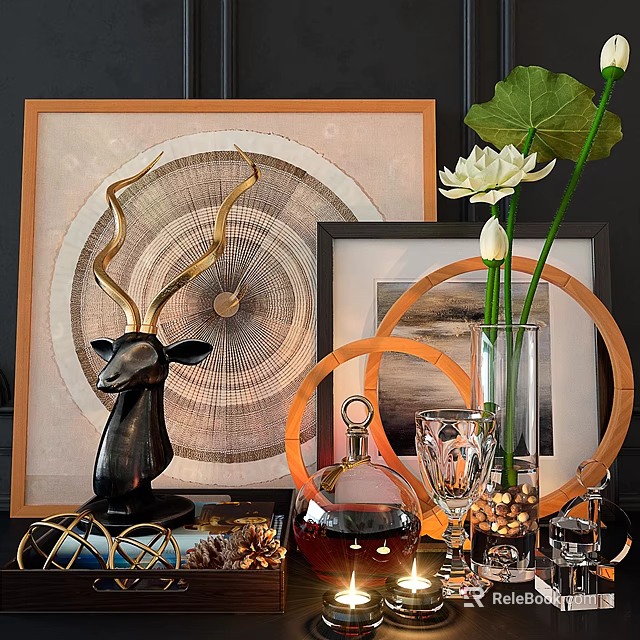 Modern Decorative Ornament Set With Deer Head Sculpture Circular Decorations Lotus Vase And Picture Frames 3d model 
