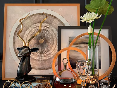 Modern Decorative Ornament Set With Deer Head Sculpture Circular Decorations Lotus Vase And Picture Frames 3d model