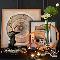 Modern Decorative Ornament Set With Deer Head Sculpture Circular Decorations Lotus Vase And Picture Frames