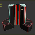 Modern Building Design With Black And Red Vertical Structures White Top And Black Curved Base