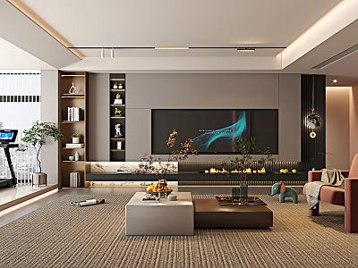 Modern Living Room Interior With Large Screen TV Fireplace Bookshelf Sofa Coffee Tables And Carpet 3d model