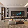 Modern Living Room Interior With Large Screen TV Fireplace Bookshelf Sofa Coffee Tables And Carpet