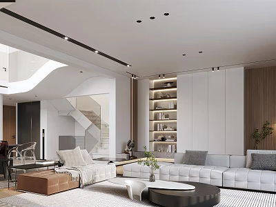 Modern Duplex Living Room Interior Design With Sofa Coffee Table Staircase And Bookshelf 3d model