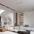 Modern Duplex Living Room Interior Design With Sofa Coffee Table Staircase And Bookshelf