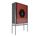 Elegant Chinese Style Wine Cabinet With Lattice Design Red Black Drawers And Doors