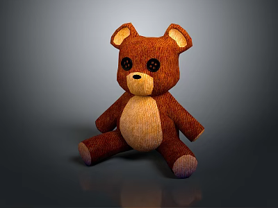 Brown Knitted Teddy Bear Doll With Yellow Belly Black Eyes And Sitting Position 3d model