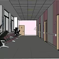Bright Elevator Corridor With Pink Walls Seating Large Windows And Plants 3d model