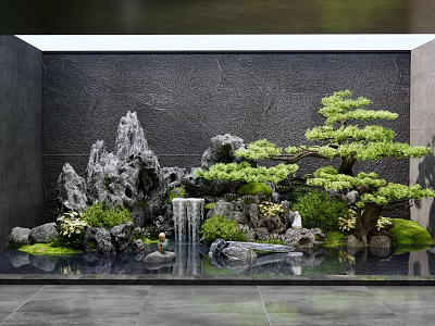 Garden Miniature Landscape Featuring Rockery Waterfall Pond Pine Tree And Lush Green Plants 3d model