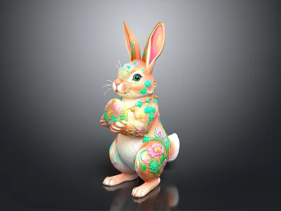 Decorative Rabbit Figurine With Colorful Floral Patterns Holding Egg for Festive Home Decoration 3d model