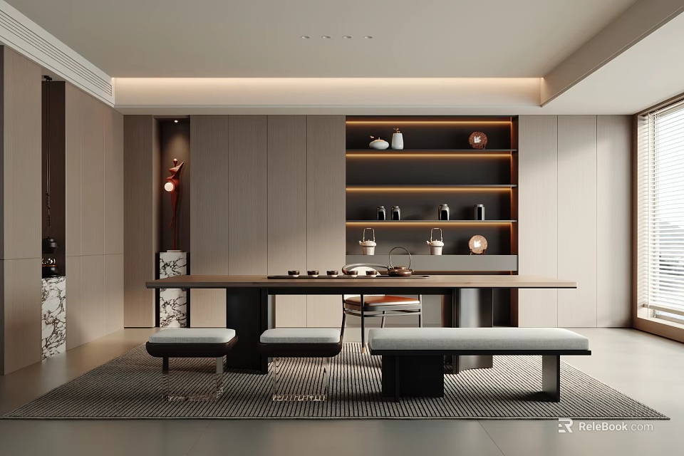 Modern Tea Room Interior Design With Long Wooden Table Benches And Shelves Holding Tea Sets 3d model 