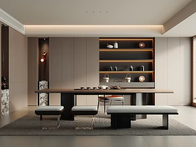 Modern Tea Room Interior Design With Long Wooden Table Benches And Shelves Holding Tea Sets 3d model