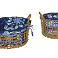 Stylish Handwoven Wicker Storage Baskets With Blue Floral Pattern Lids For Home Organization