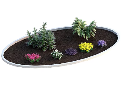 Lush Shrubs In Oval Garden Bed With Colorful Blooms And Dark Soil 3d model