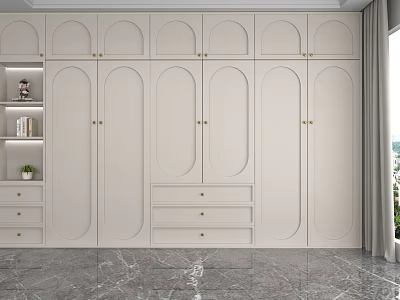Modern White Display Storage Cabinets With Drawers And Marble Floor Near Window Curtains 3d model