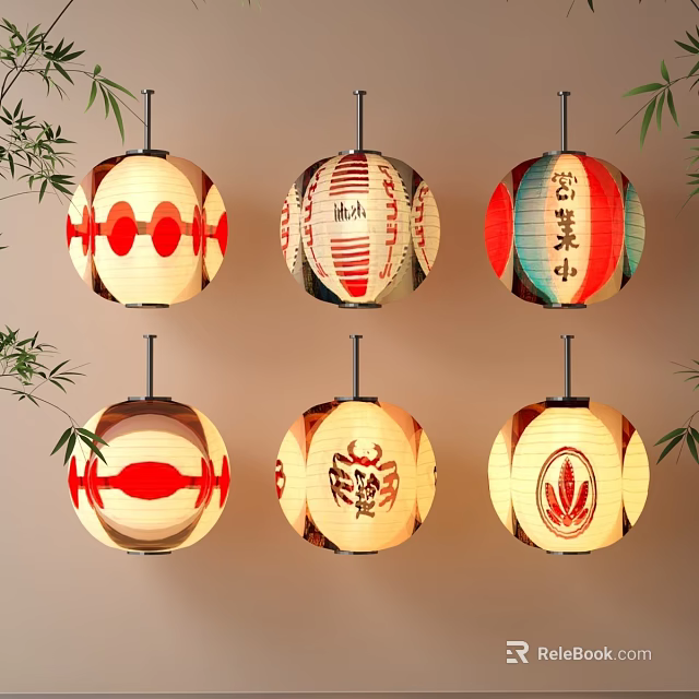 Traditional Chinese Decorative Lanterns With Fish Pattern Fortune Character And Bamboo Leaves 3d model 
