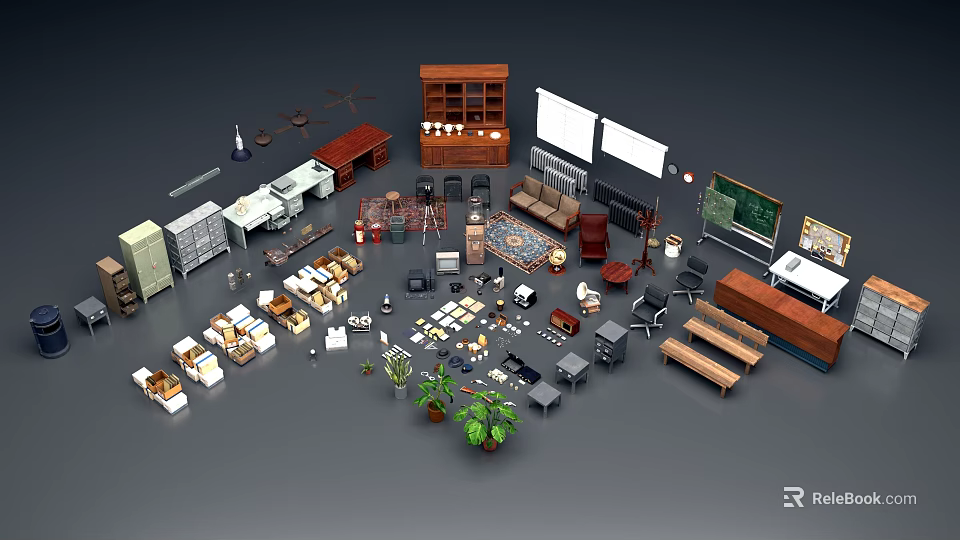 Modern Office Desk Setup With Bookshelf Office Chair Office Supplies And Potted Plants 3d model 