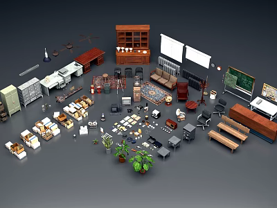 Modern Office Desk Setup With Bookshelf Office Chair Office Supplies And Potted Plants 3d model