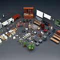 Modern Office Desk Setup With Bookshelf Office Chair Office Supplies And Potted Plants
