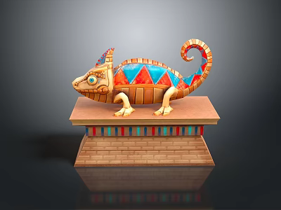 Egyptian Style Chameleon Statue Featuring Colorful Triangular Patterns And Brick Base With Striped Decoration 3d model