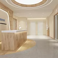 Elevator Hallway With White Statues On Wooden Pedestals Black White Paintings And Light Blue Bench