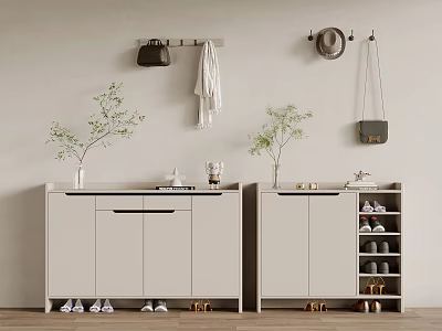 Modern Shoe Cabinet Design With Multi Layer Storage Shelves And Green Plants Decorations 3d model